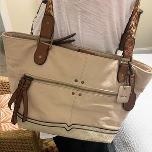 Born Cream Leather Tote with Braided Tan Handles
